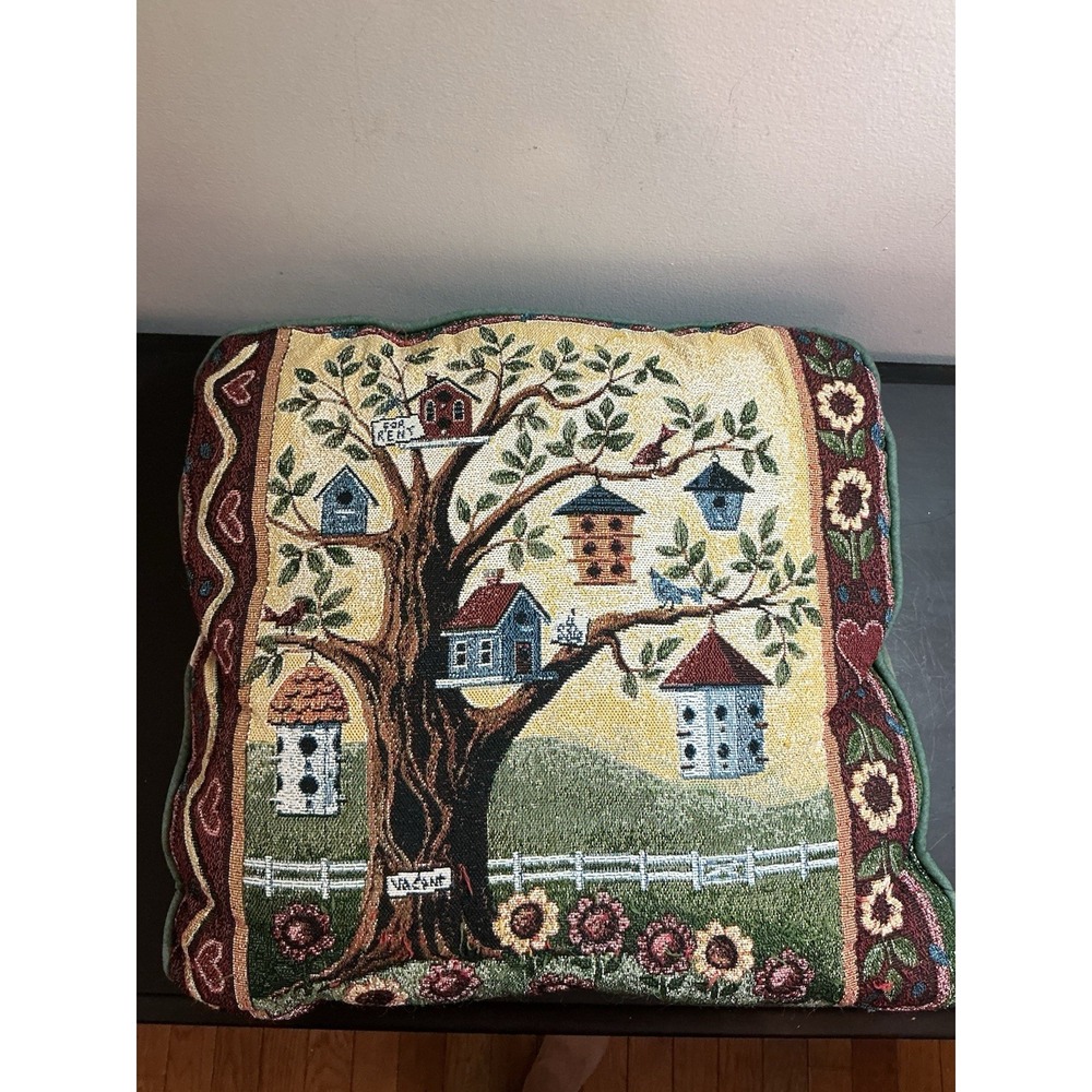 Tapestry Decorative Pillow  Bird Houses Country Cottage Farmhouse Rustic